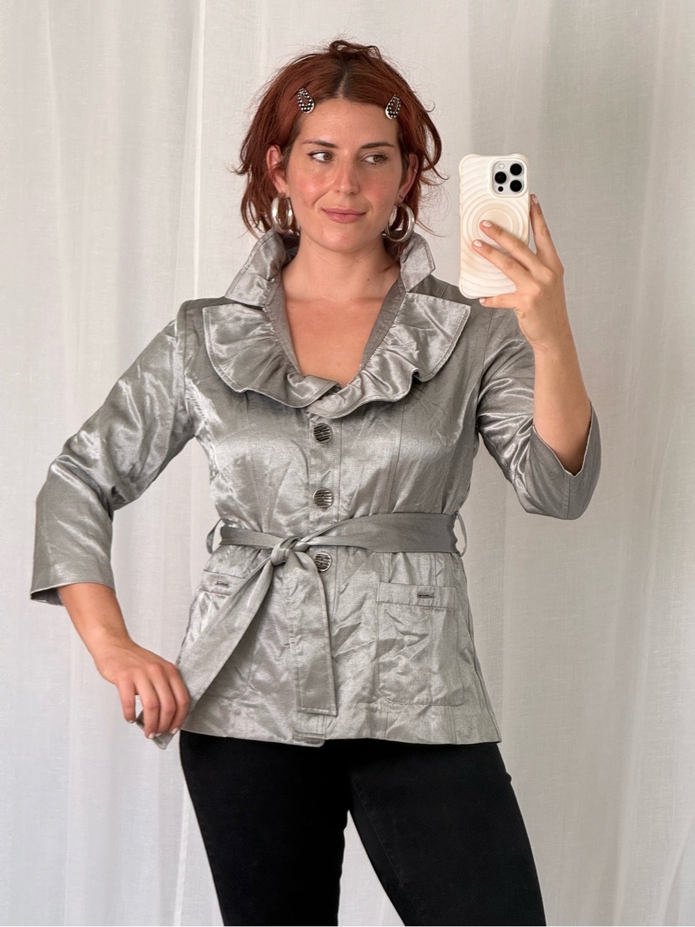 ✧ y2k metallic silver ruffle jacket ✧